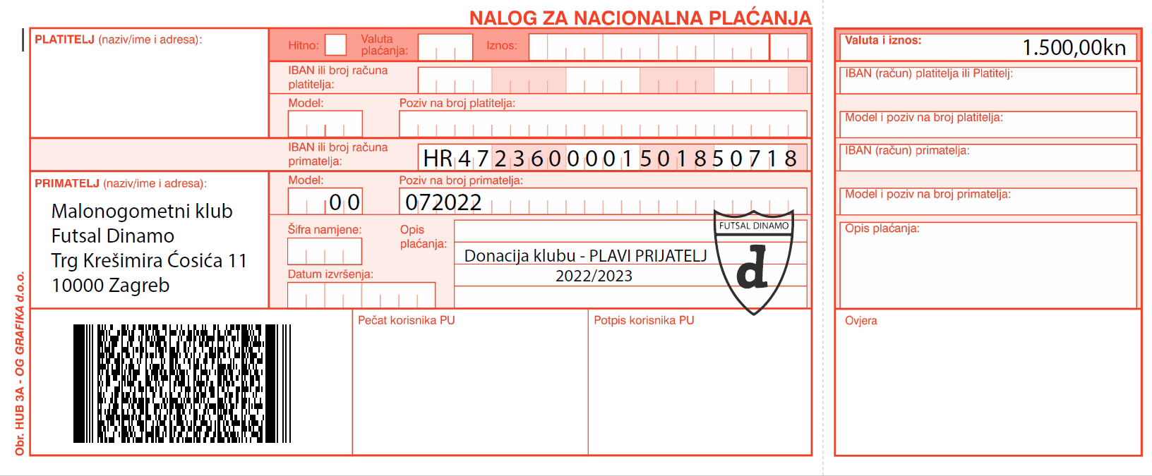 uplatnica plavi prijatelj futsal dinamo